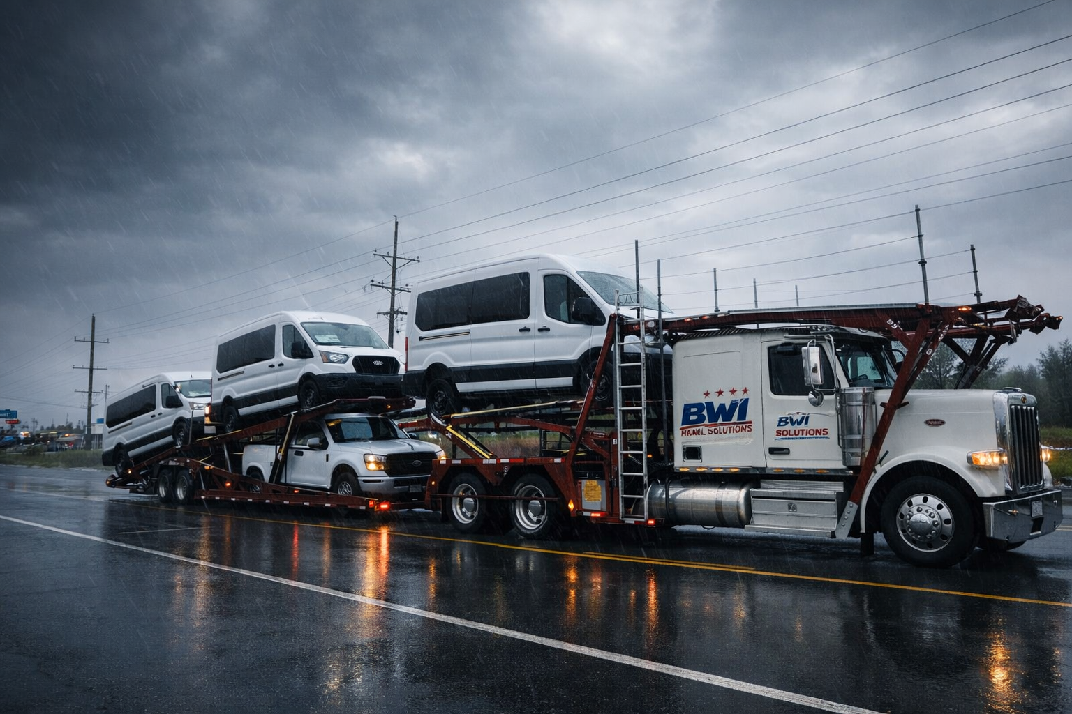 BWI Haul Solutions truck with vans on highway